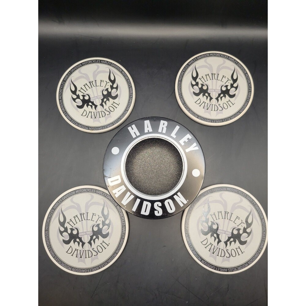 Harley Davison Set of 4 Round Ceramic Black and White 4" Coasters In Tin